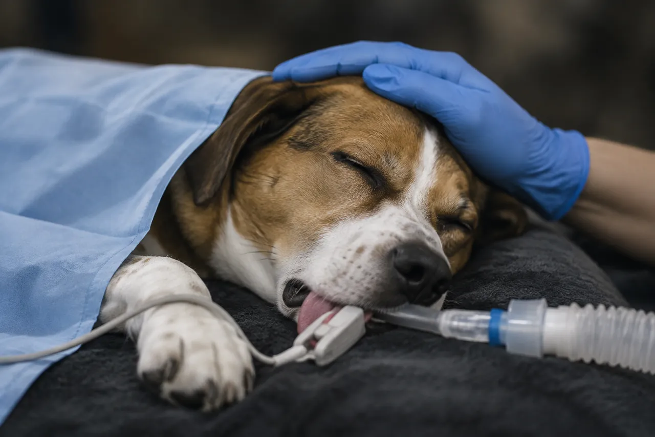 Un perro duerme anestesiado bajo un paño azul, con la sonda de anestesia y el sensor de oxígeno puestos, mientras una mano con guante le acaricia la cabeza