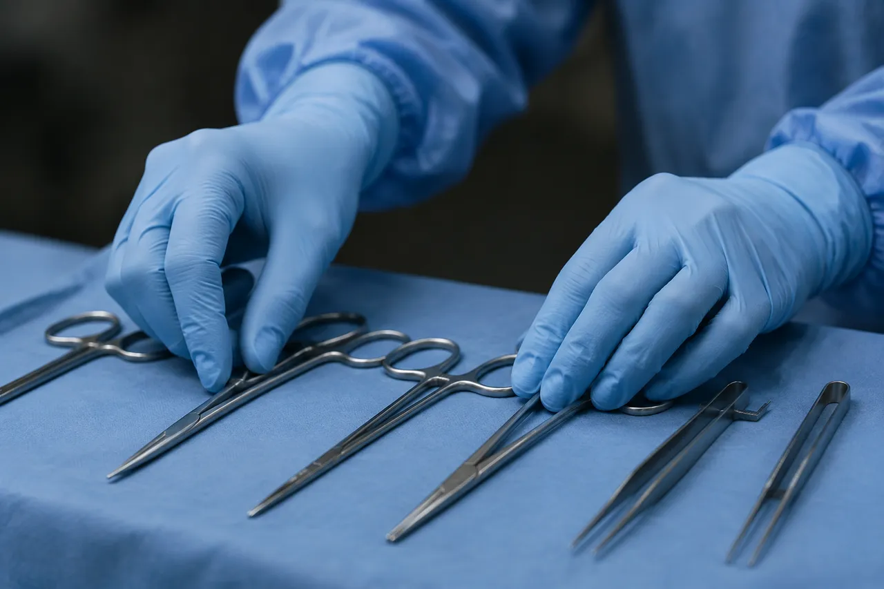 Unas manos con guantes quirúrgicos ordenan pinzas y tijeras de acero limpias sobre un paño estéril azul
