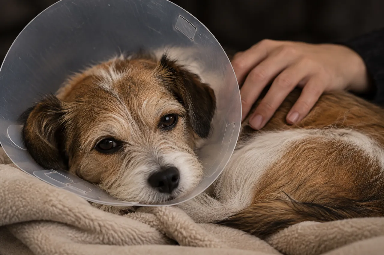 Un perro pequeño con collar isabelino descansa enroscado sobre una manta mientras una mano le acaricia el lomo