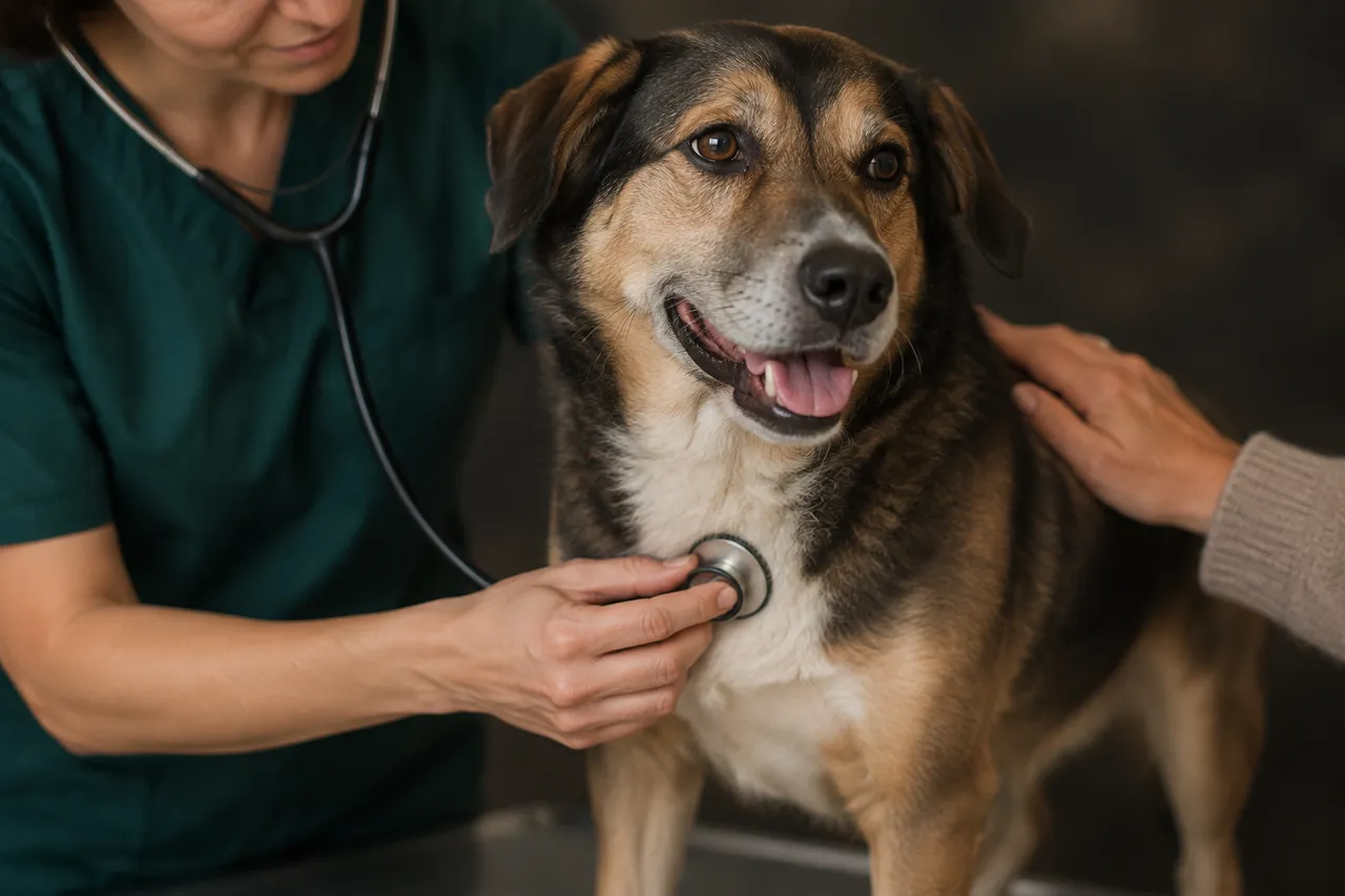 Una veterinaria ausculta con el fonendoscopio a un perro mestizo tranquilo mientras su tutora le apoya la mano en el lomo