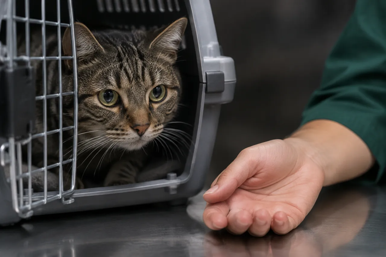 Un gato atigrado se asoma por la puerta abierta de su transportín mientras una mano espera quieta sobre la mesa