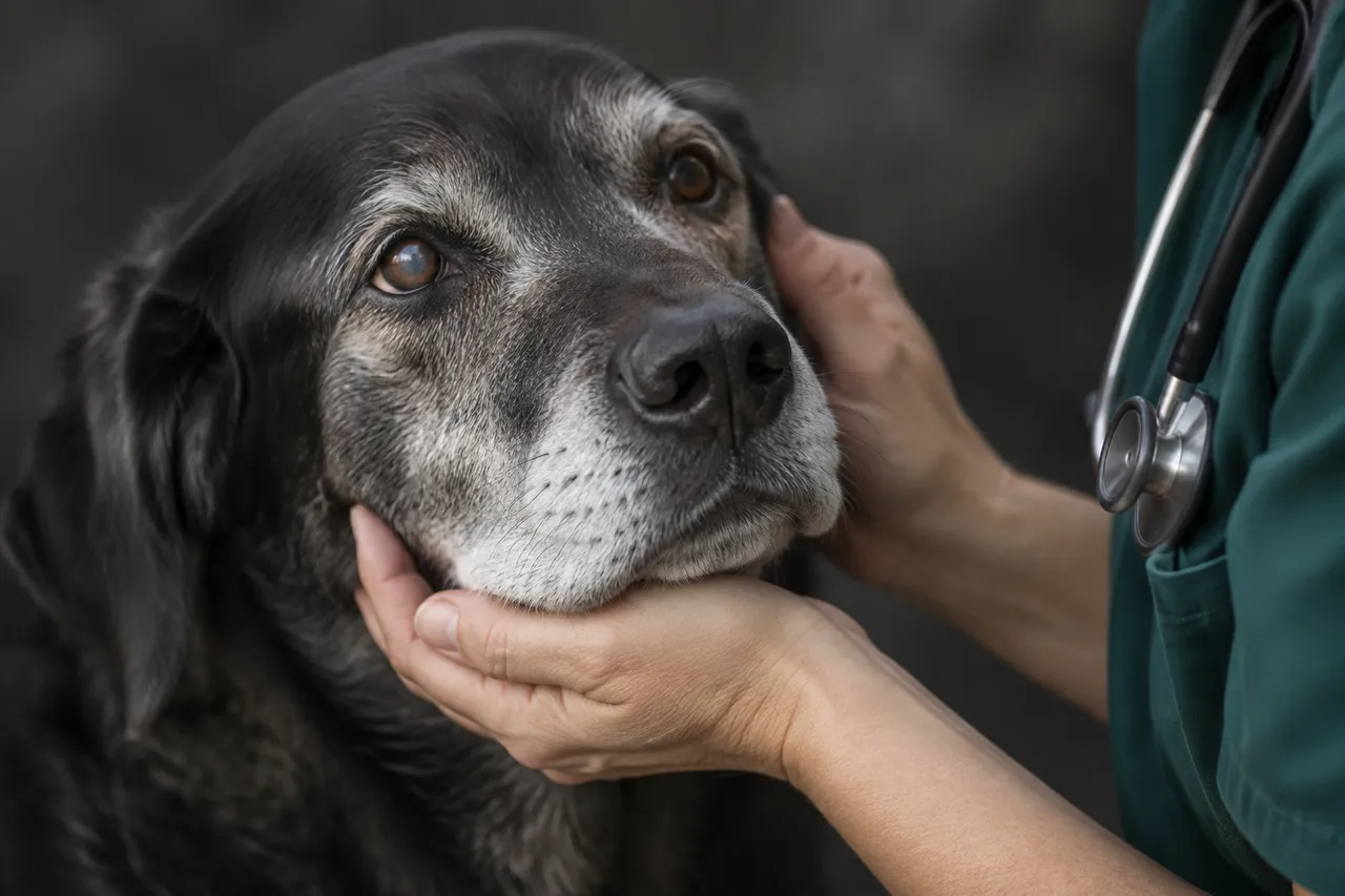 Un perro mayor de hocico canoso apoya la cabeza en las manos de una veterinaria con el fonendoscopio al cuello