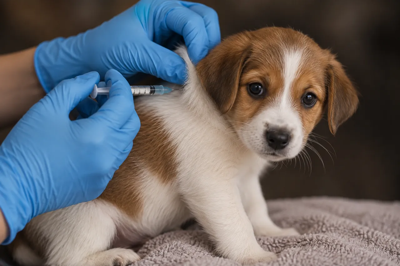 Unas manos con guantes azules toman el pliegue de piel del cuello de un cachorro tranquilo y le ponen una vacuna con una jeringa pequeña