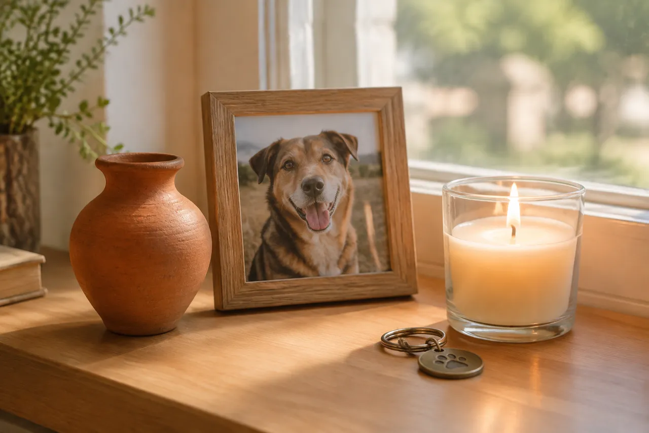 Un ánfora de greda junto a un cuadro con la foto de un perro, una vela encendida y un llavero