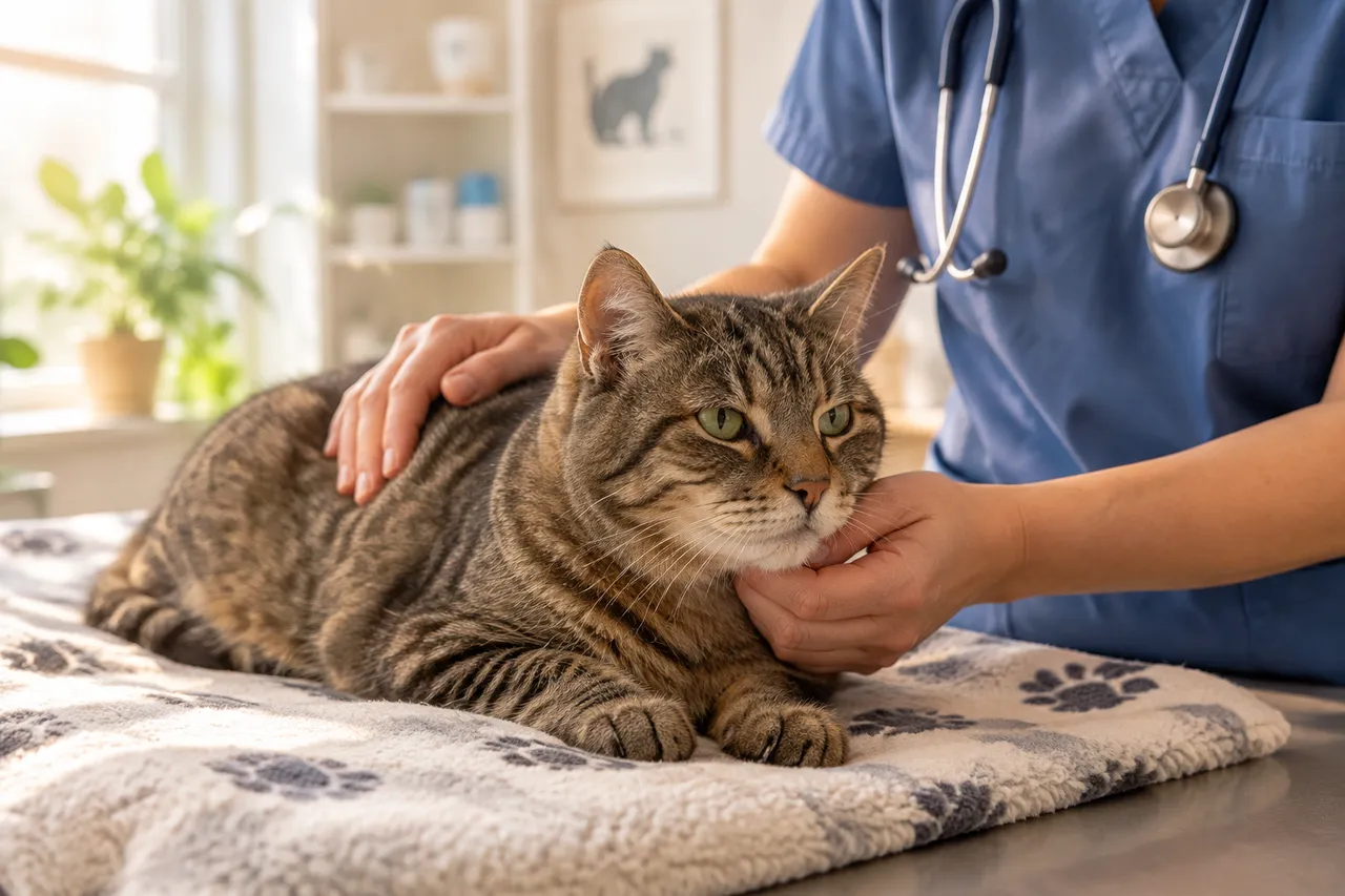 Una veterinaria acaricia a un gato mayor que descansa sobre una manta en la mesa de examen