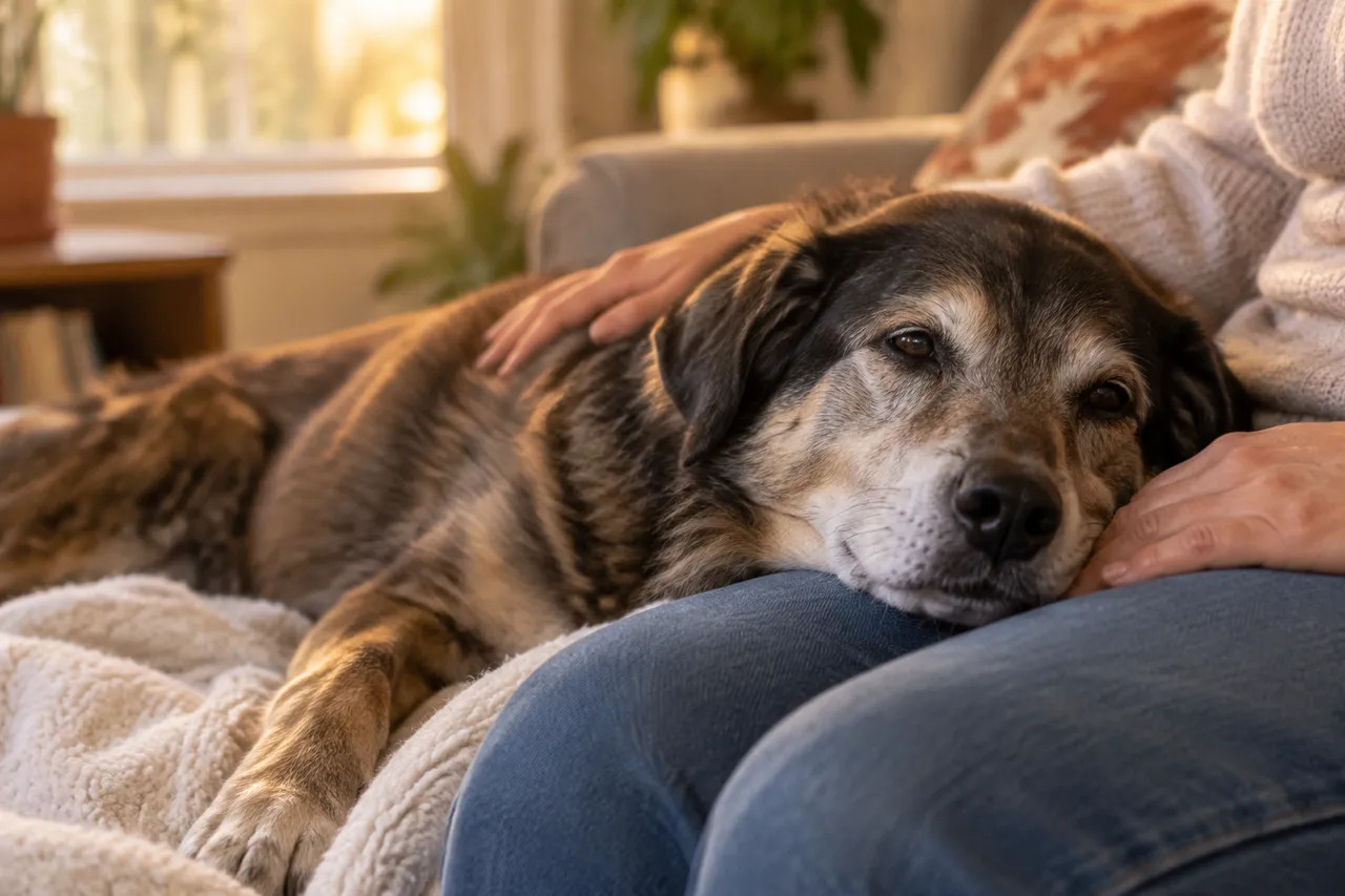 Un perro mayor descansa con la cabeza en el regazo de su tutora