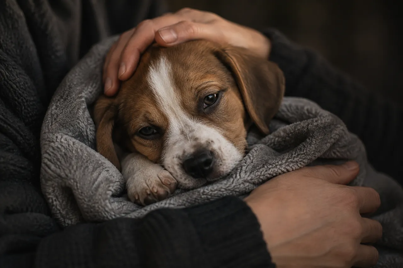 Un cachorro decaído, envuelto en una manta gris, descansa con los ojos entrecerrados en los brazos de su tutor