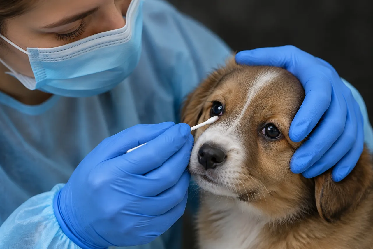 Una veterinaria con bata, mascarilla y guantes toma con un hisopo una muestra del borde del ojo de un cachorro