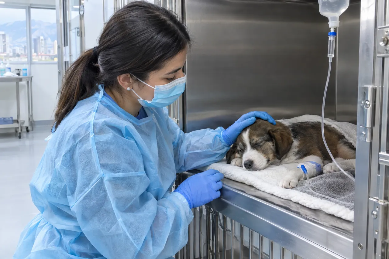 Una técnica con bata y mascarilla acaricia a un cachorro con suero en la sala de aislamiento