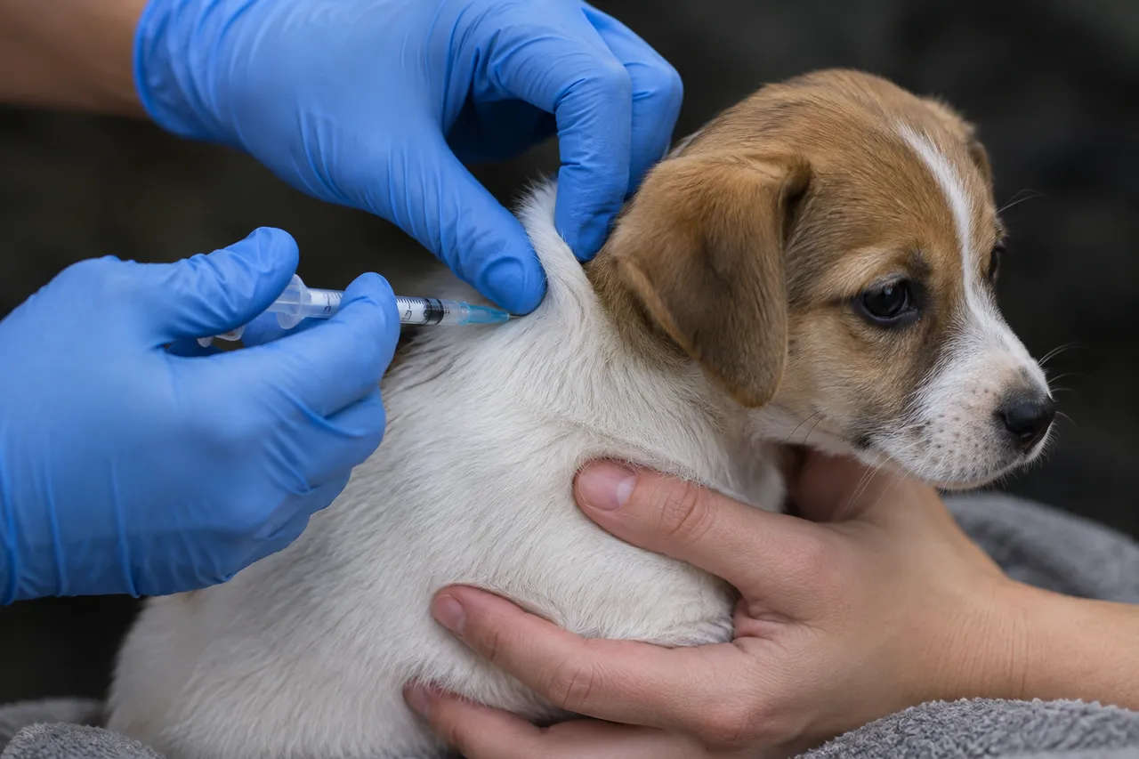 Una veterinaria con guantes pone una vacuna bajo la piel del cuello a un cachorro que su tutor sostiene