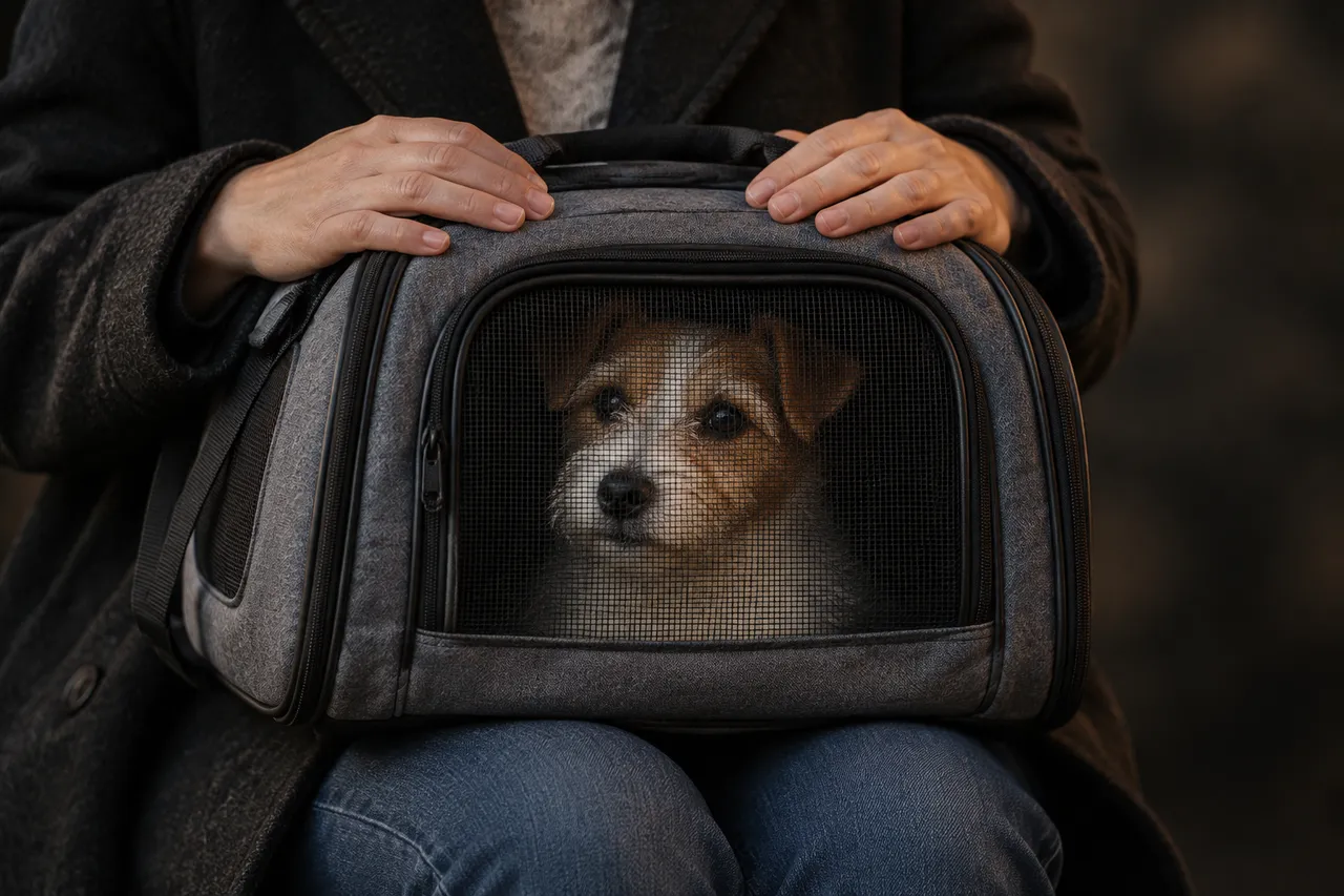 Una persona sentada sostiene en las rodillas un bolso transportín cerrado, con un perro pequeño mirando por la malla