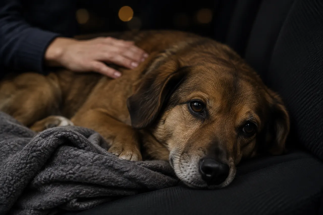 De noche, en el asiento de atrás del auto, un perro cansado descansa sobre una manta gris mientras una mano lo acaricia