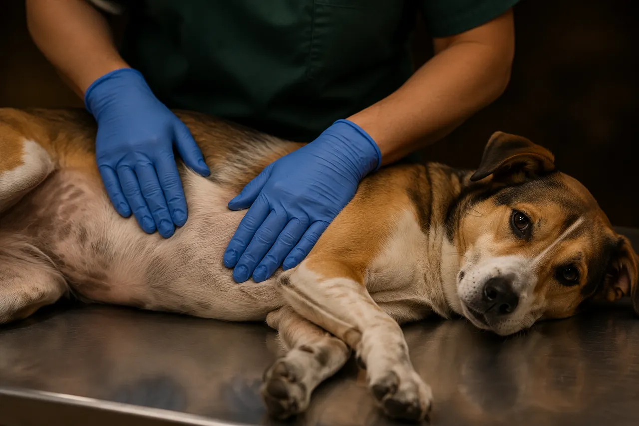 Una veterinaria con guantes palpa con las dos manos el abdomen de un perro tranquilo, acostado de lado en la mesa