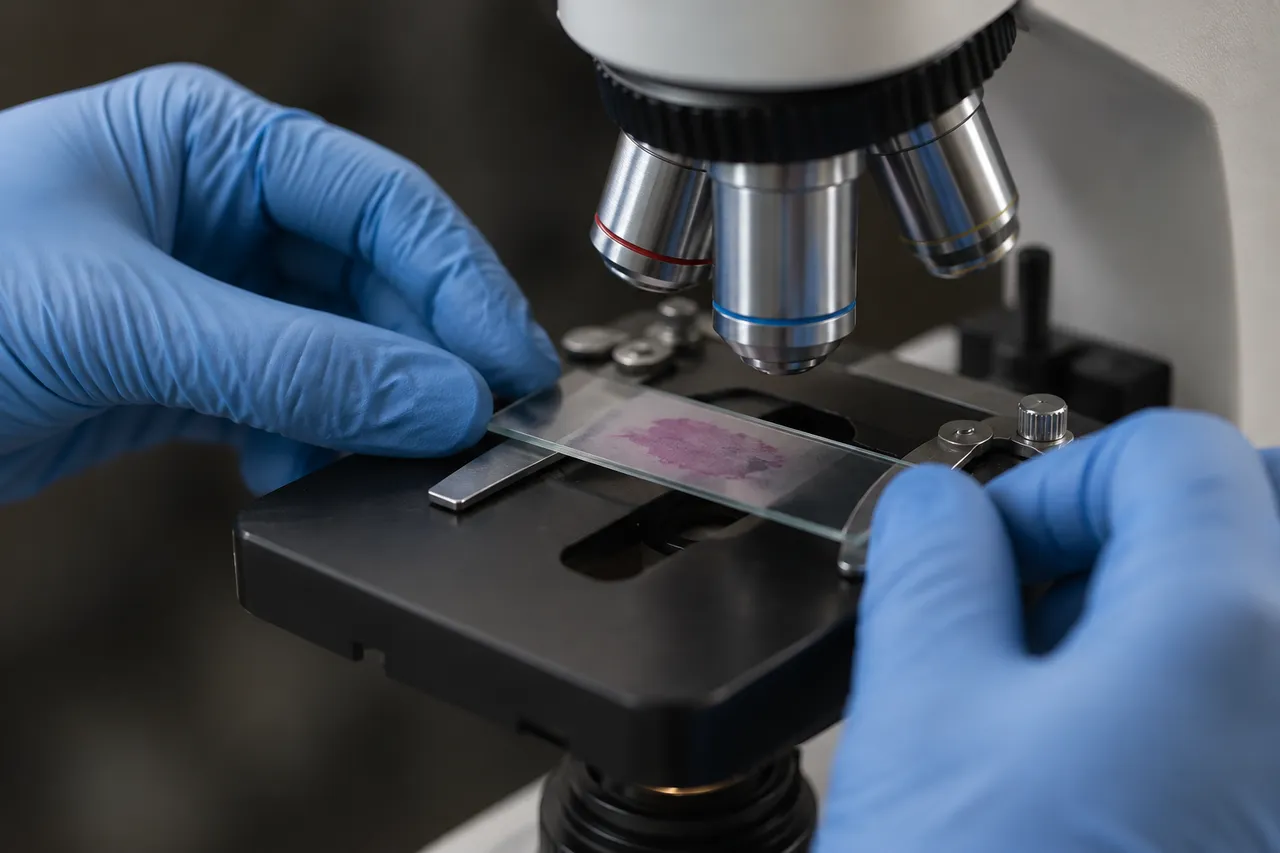 Unas manos con guantes azules ponen bajo el microscopio una lámina con una muestra teñida de rosado