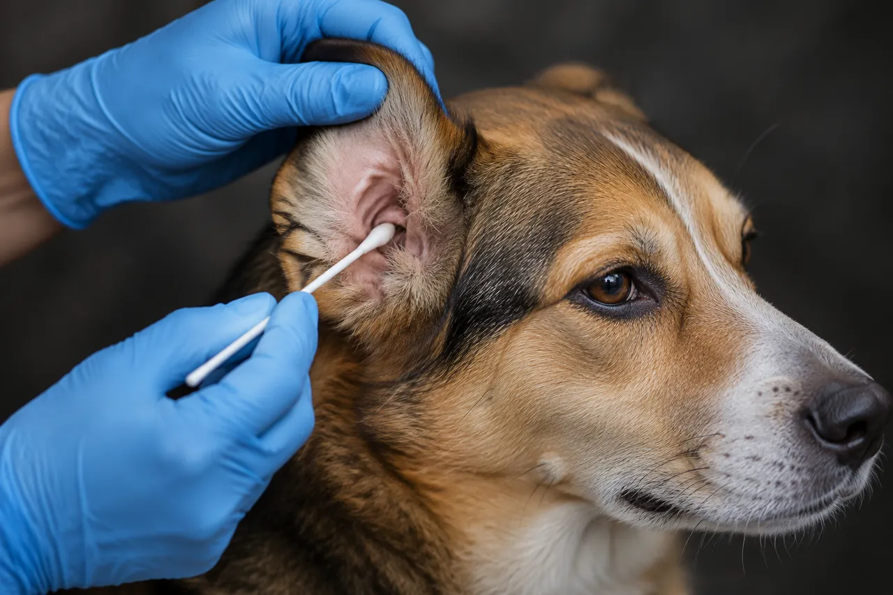 Una veterinaria con guantes levanta la oreja de un perro tranquilo y toma una muestra del oído con un hisopo largo