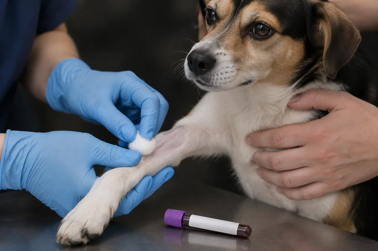 Unas manos con guantes presionan un algodón en la pata de un perro tranquilo después de sacarle sangre, con el tubo de la muestra sobre la mesa