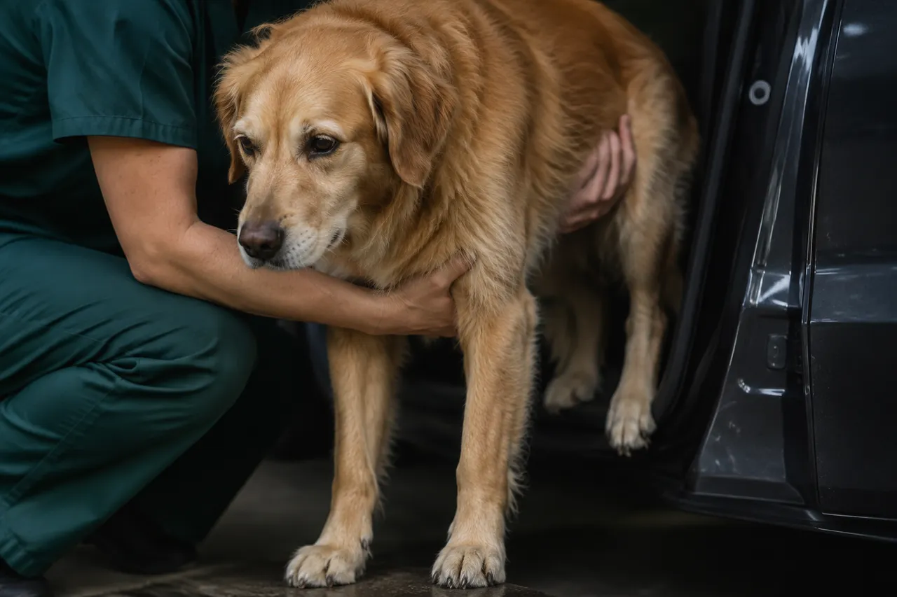 Junto a la puerta abierta de un auto, una técnica de la clínica agachada sostiene por el pecho y el vientre a un perro grande que baja con las patas delanteras ya en el suelo
