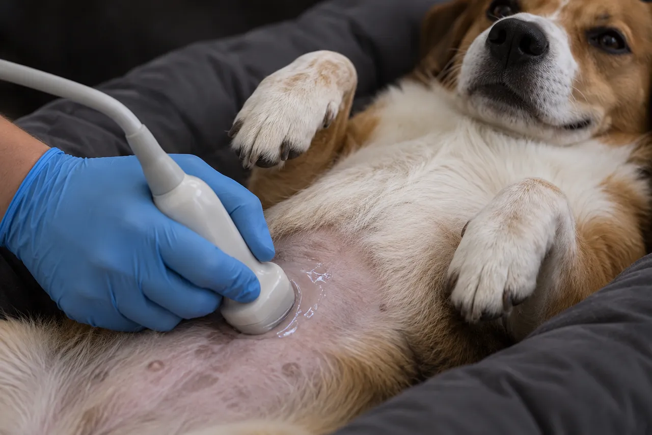 Una mano con guante azul apoya el transductor del ecógrafo con gel sobre la guata rasurada de un perro acostado de espaldas