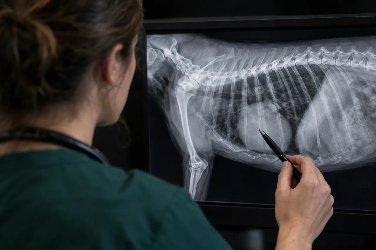 Una veterinaria señala con un lápiz la radiografía de tórax de un perro en la pantalla