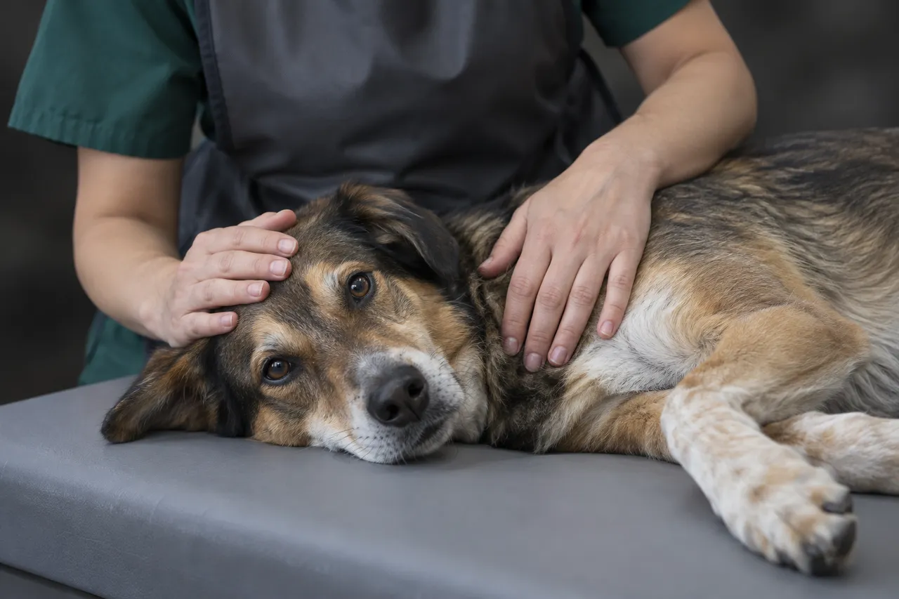 Una técnica con delantal plomado apoya con suavidad las manos en la cabeza y el lomo de un perro tranquilo acostado de lado sobre la mesa