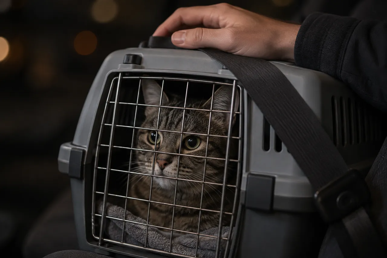 De noche, en el asiento del auto, un gato atigrado mira desde su transportín asegurado con el cinturón, con la mano de su tutor encima