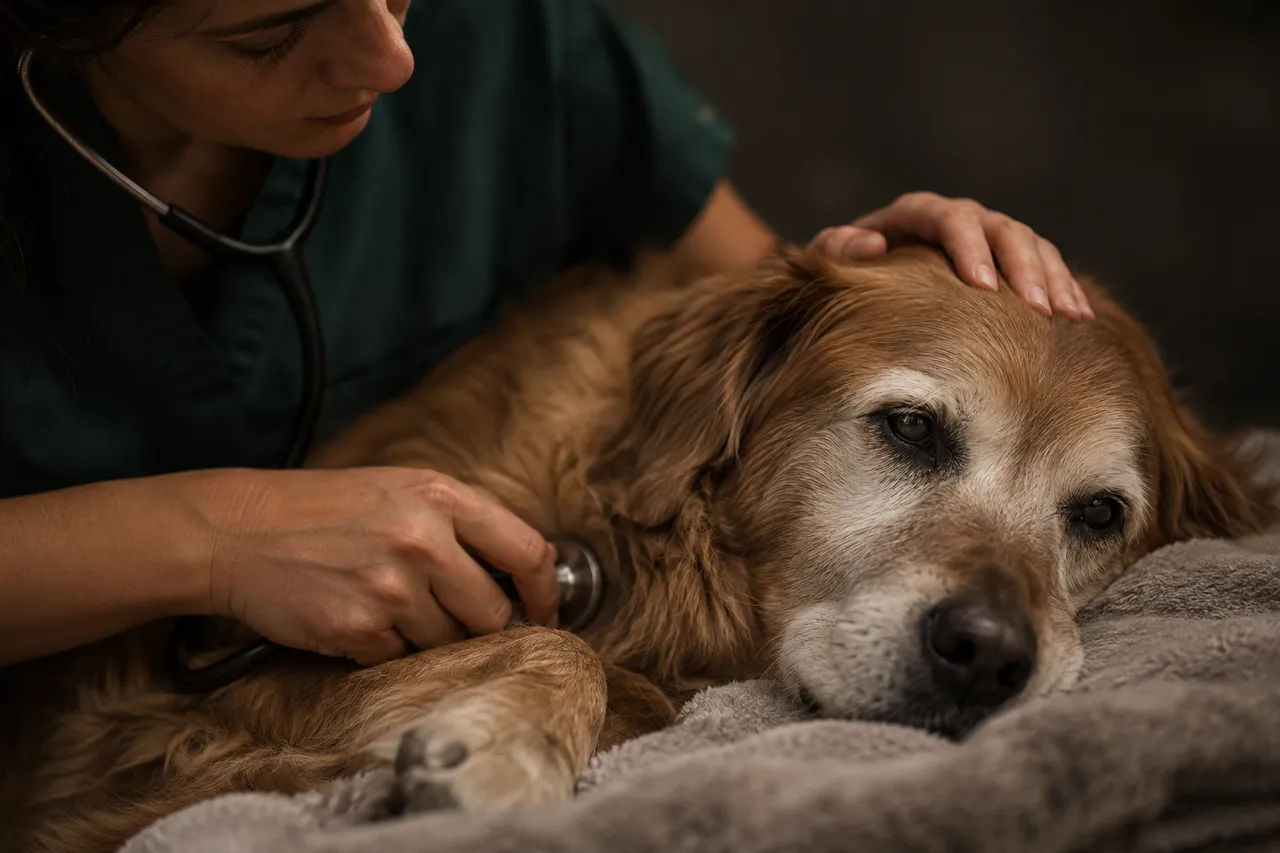 Una veterinaria escucha con el estetoscopio a un perro mayor de hocico canoso, acostado sobre una manta, mientras le acaricia la cabeza