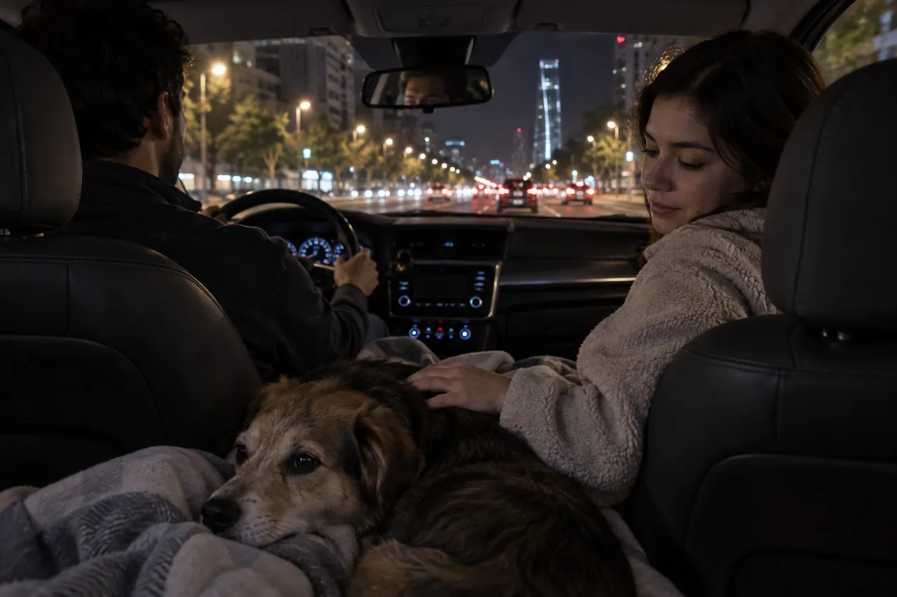 De noche, en el auto camino a la clínica, un perro descansa sobre una manta en el asiento de atrás