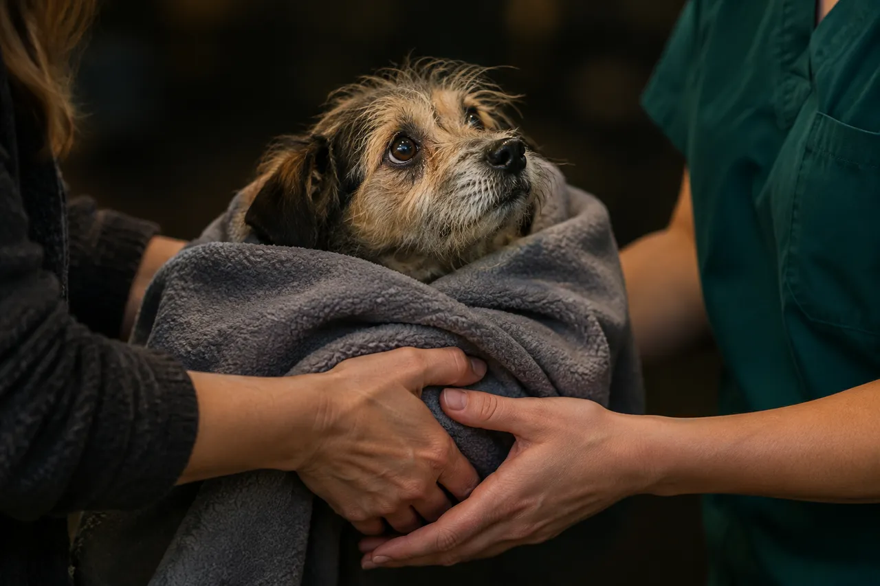 Una tutora le entrega a una técnica de la clínica su perro envuelto en una manta