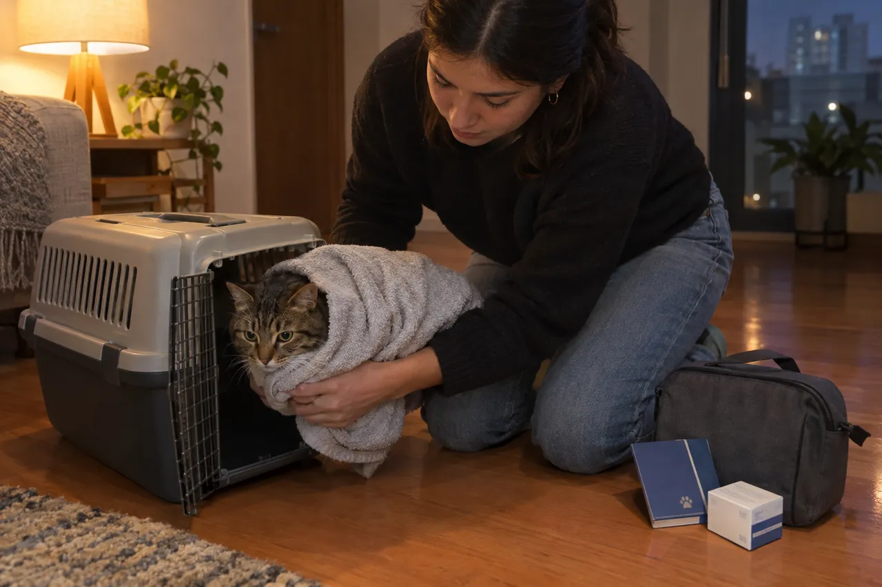 De noche, en su casa, una tutora envuelve a su gato en una toalla para meterlo al transportín, con el carnet de vacunas y una caja de remedios al lado