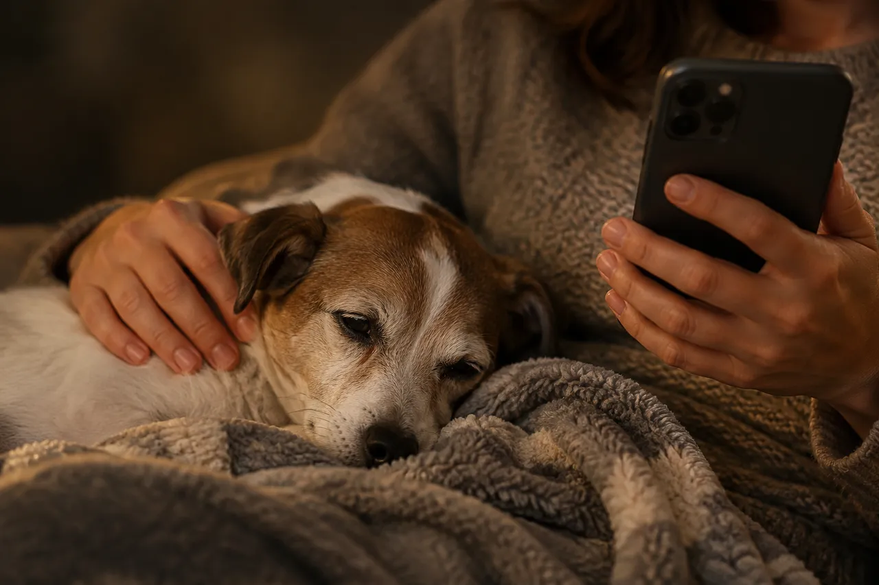 De noche, en el sillón, una tutora acompaña a su perro decaído mientras escribe en el celular