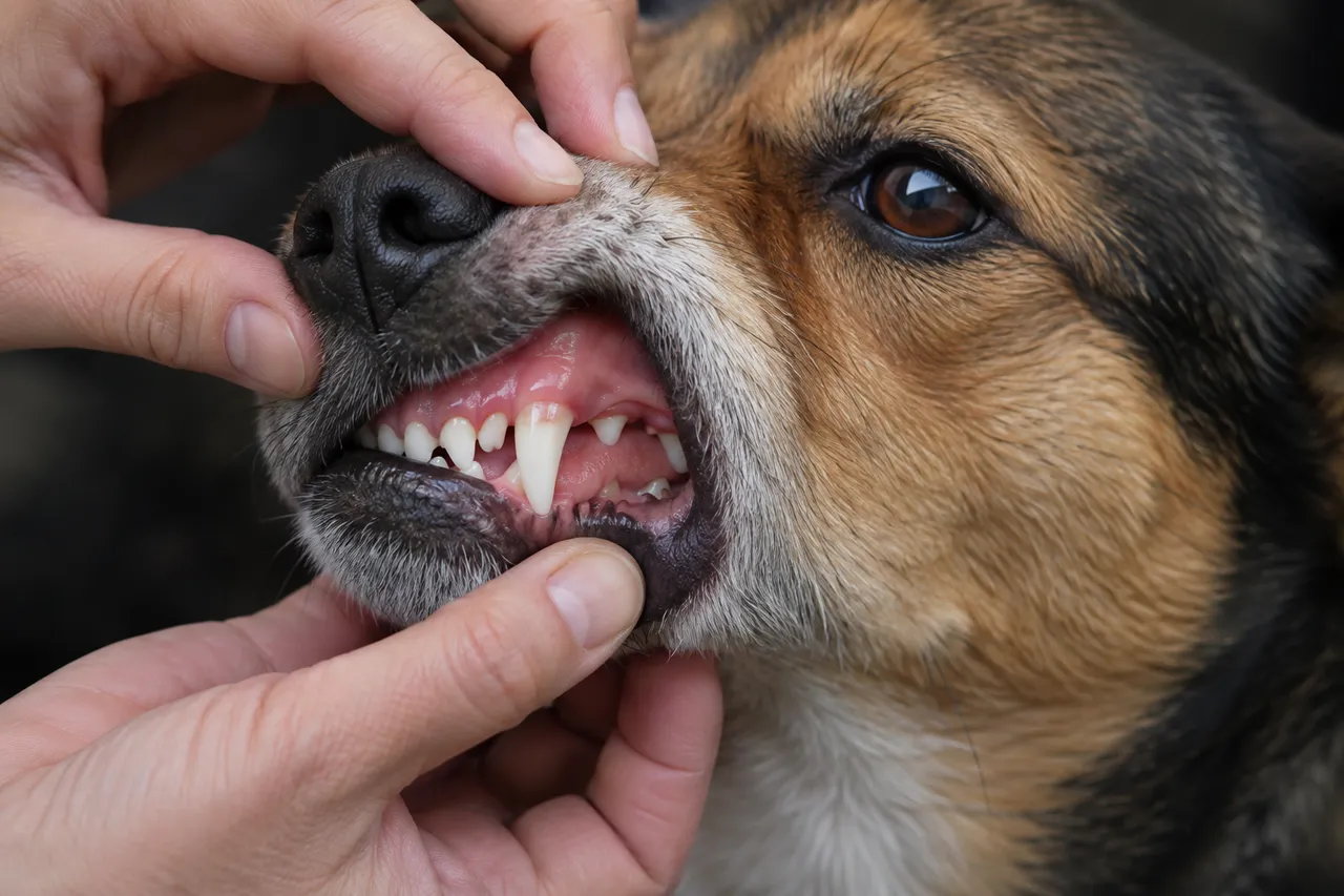 Unos dedos levantan el labio de un perro para mirar el color de sus encías