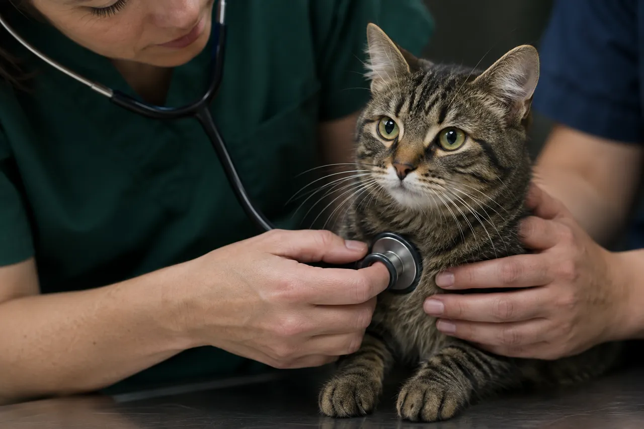 Una veterinaria ausculta a un gato que una técnica sostiene sobre la mesa