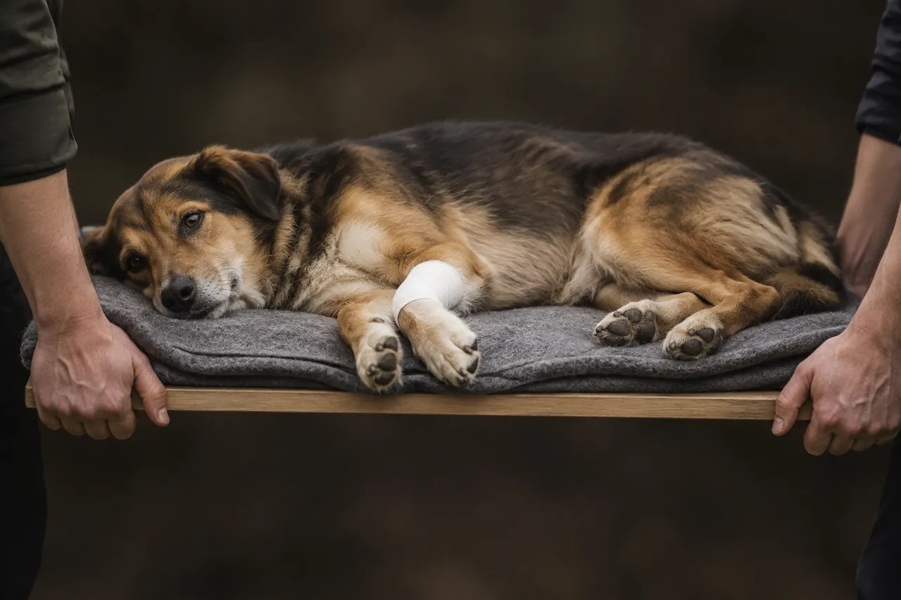 Dos personas trasladan a un perro vendado acostado sobre una tabla firme cubierta con una manta