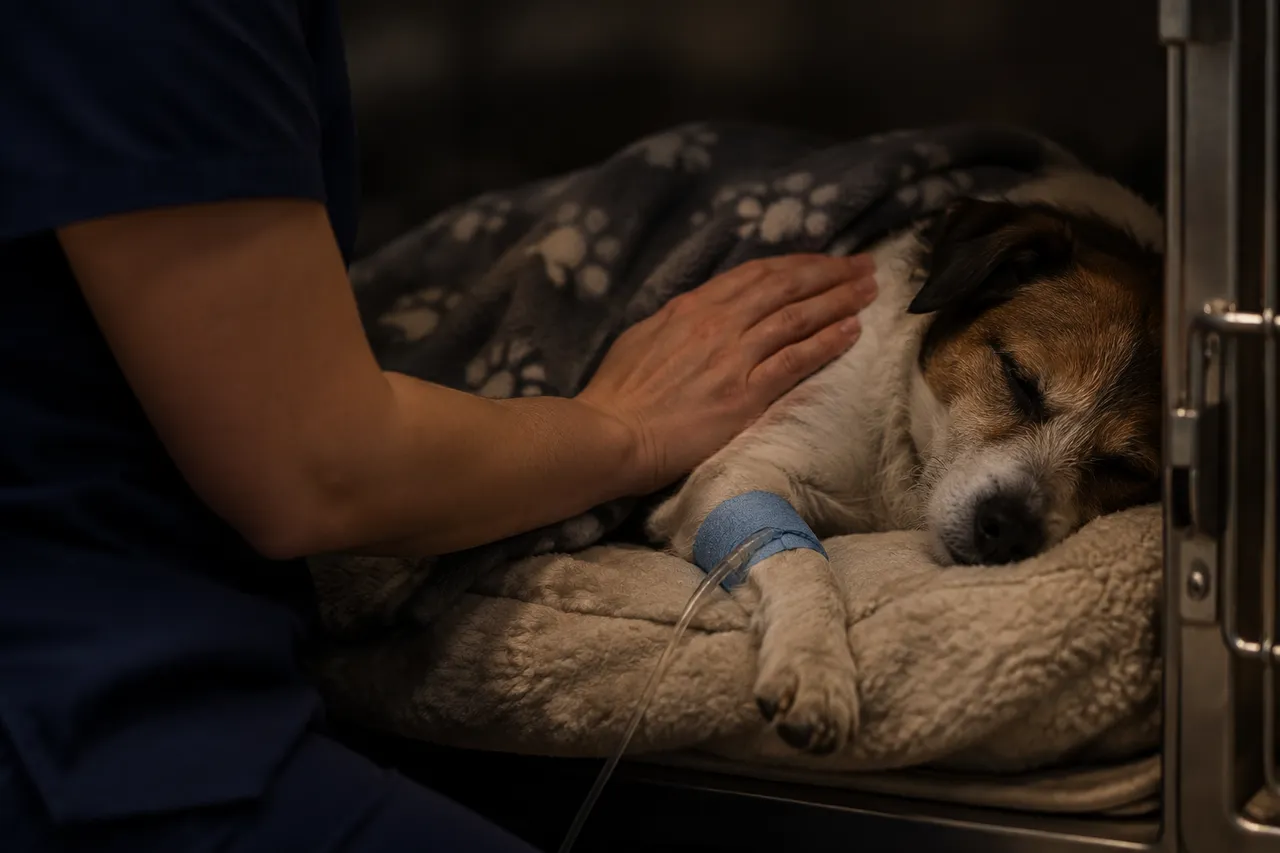 De noche, una técnica con uniforme azul oscuro apoya la mano sobre un perro que duerme tapado en su jaula acolchada, con la vía puesta