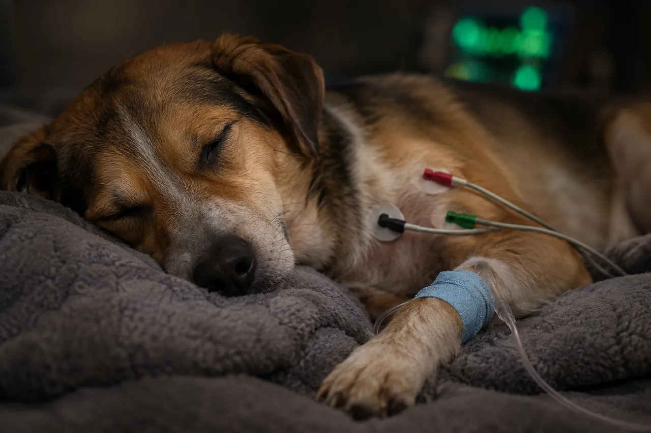 Un perro duerme sobre una manta gruesa con una vía en la pata, vendada en celeste, y los cables del monitor en el pecho