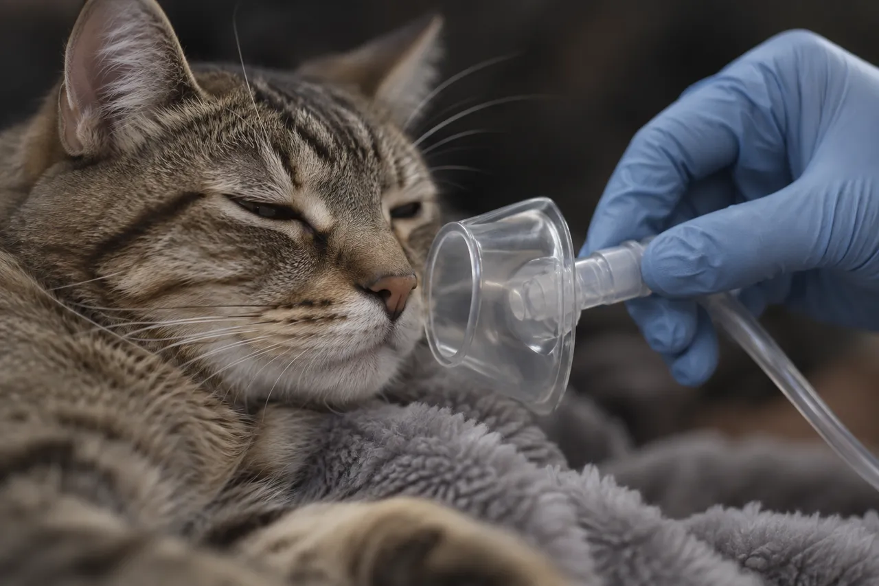 Una mano con guante sostiene una mascarilla de oxígeno transparente frente a la nariz de un gato atigrado que descansa sobre una manta